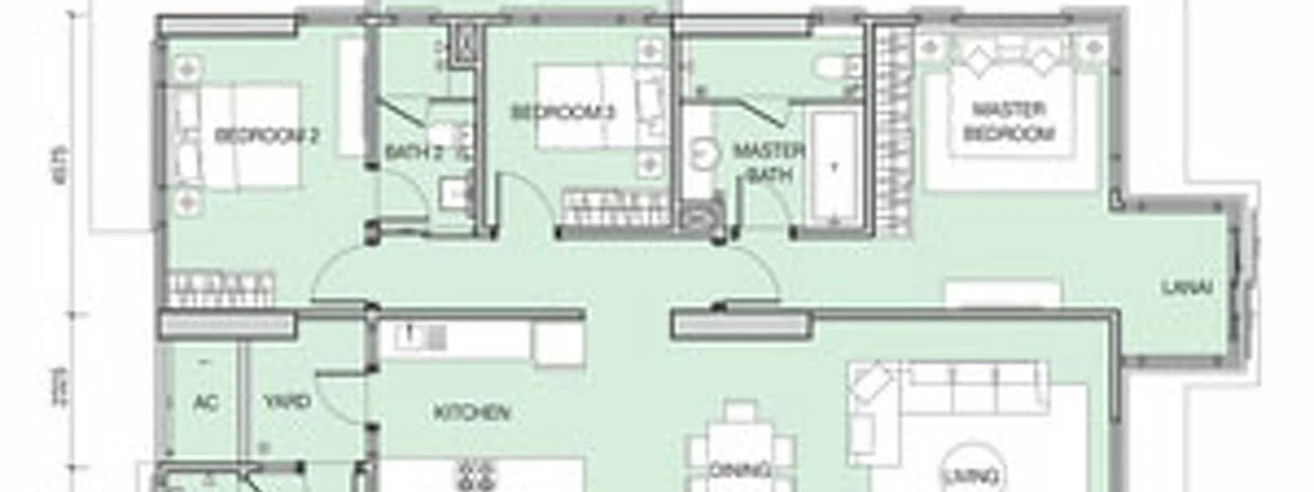 Floor plan: 3-bedroom 2-bathroom unit; features: open-plan kitchen-dining-living, master bedroom with ensuite bathroom, bedroom 2 with shared bathroom, utility room, central foyer, balcony off living room, 1 car porch.