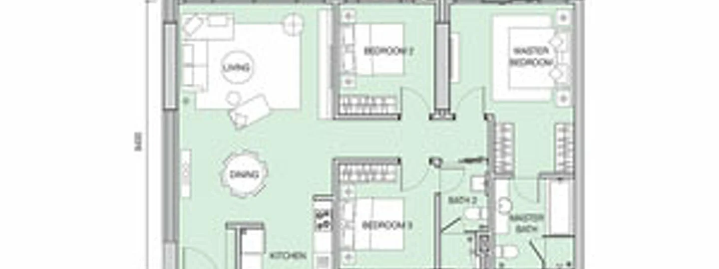 Floor plan: 3-bedroom 2-bathroom unit; features: open-plan kitchen-dining-living, master bedroom with ensuite bathroom, bedroom 2 with shared bathroom, utility room, central foyer, balcony off living room, 2 car porch.