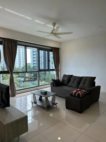 Living features: 3-seater fabric sofa in dark grey, coffee table with metal legs, floor-to-ceiling windows, sheer curtains, 5-blade ceiling fan with light, white painted walls, glossy ceramic tile flooring, decorative cushion with Union Jack pattern, TV console, view of greenery; style: modern; view: garden.