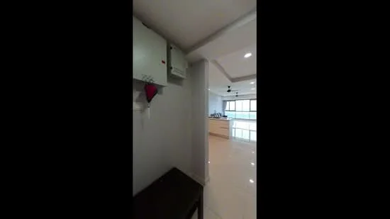 Room features: white painted walls, glossy tile flooring, recessed downlights, ceiling fan, open kitchen layout, large windows, view of living area; style: modern.