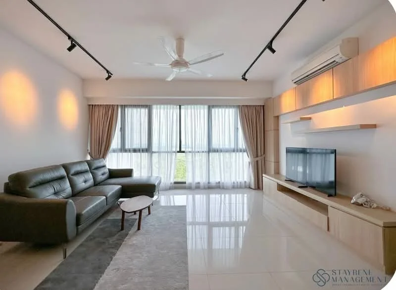 Living features: 3-seater leather sofa in dark grey, coffee table, wall-mounted TV, TV console with storage, floor-to-ceiling windows, sheer curtains, recessed LED downlights, ceiling fan, light-coloured tiled flooring, decorative wall shelving, neutral wall colour, open layout; style: modern; view: garden.