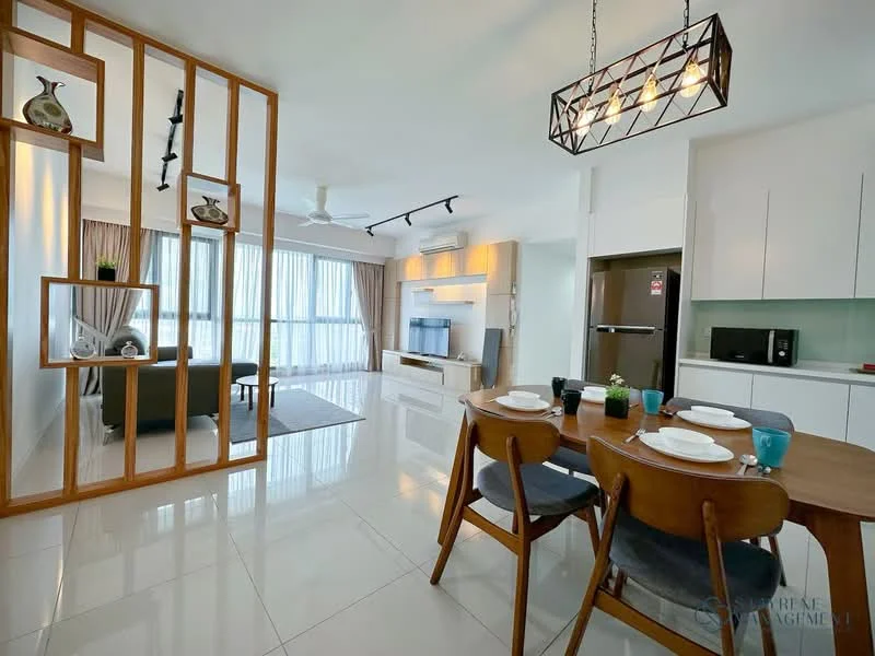 Living features: floor-to-ceiling windows, white painted walls, polished ceramic tile flooring, 5-blade ceiling fan with light, sofa in grey fabric, coffee table, TV console, wall-mounted TV, decorative vases, area rug with geometric pattern; style: modern; view: city. Dining features: 6-seater dining table, wooden dining chairs, white dinner plates, decorative centerpiece, pendant light fixture; style: modern. Kitchen features: white cabinetry, black countertop, built-in microwave, stainless-steel fridge, freestanding range oven; style: modern.