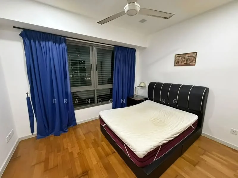Bedroom features: queen-size bed, upholstered headboard, wooden flooring, blue curtains, floor-to-ceiling windows, table lamp, ceiling fan, decorative wall art; style: modern; view: city.