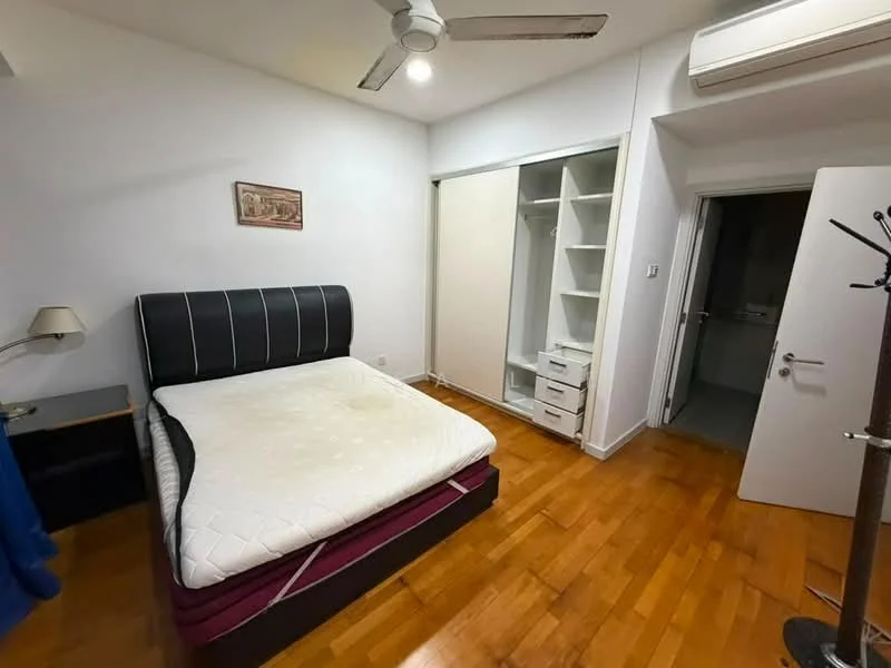 Bedroom features: queen-size bed with upholstered headboard, wooden flooring, ceiling fan, built-in wardrobe with sliding doors, nightstand with lamp, wall-mounted air conditioning unit, decorative wall art, door leading to bathroom; style: modern.