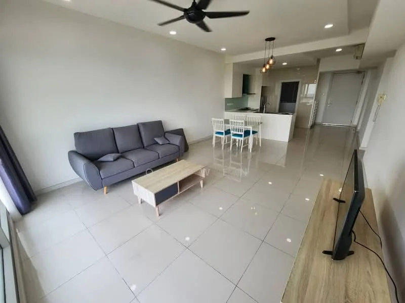 Living features: 3-seater fabric sofa in grey, wooden coffee table, wall-mounted TV, TV console, floor-to-ceiling windows, sliding glass door, white walls, recessed downlights, ceramic tile flooring, ceiling fan, area rug; style: modern; view: city. Dining features: 6-seater dining table, white dining chairs, open kitchen layout, kitchen island, pendant lighting; style: modern.