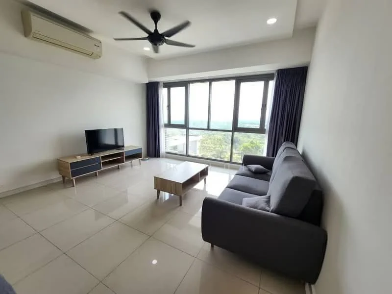 Living features: 3-seater fabric sofa in grey, coffee table, wall-mounted TV, TV console, floor-to-ceiling windows, curtains in dark grey, marble tile flooring, 1 wall-mounted split AC, recessed downlights, ceiling fan; style: modern; view: city.