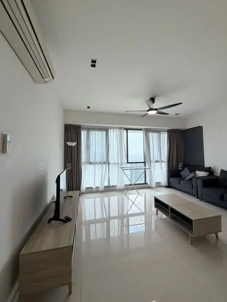 Living features: white painted walls, glossy tile flooring, 5-blade ceiling fan with light, floor-to-ceiling windows, sheer curtains, dark grey sectional sofa, wooden coffee table, TV console, wall-mounted TV, air conditioning unit; style: modern; view: city.
