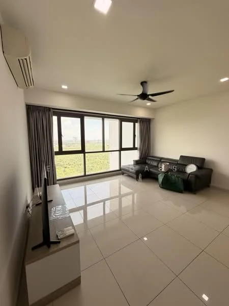 Living features: floor-to-ceiling windows, black leather sectional sofa, white wall, recessed LED downlights, 5-blade ceiling fan with light, glossy white tile flooring, TV console, curtains, decorative green throw pillow, bottle of water on the floor; style: modern; view: garden.