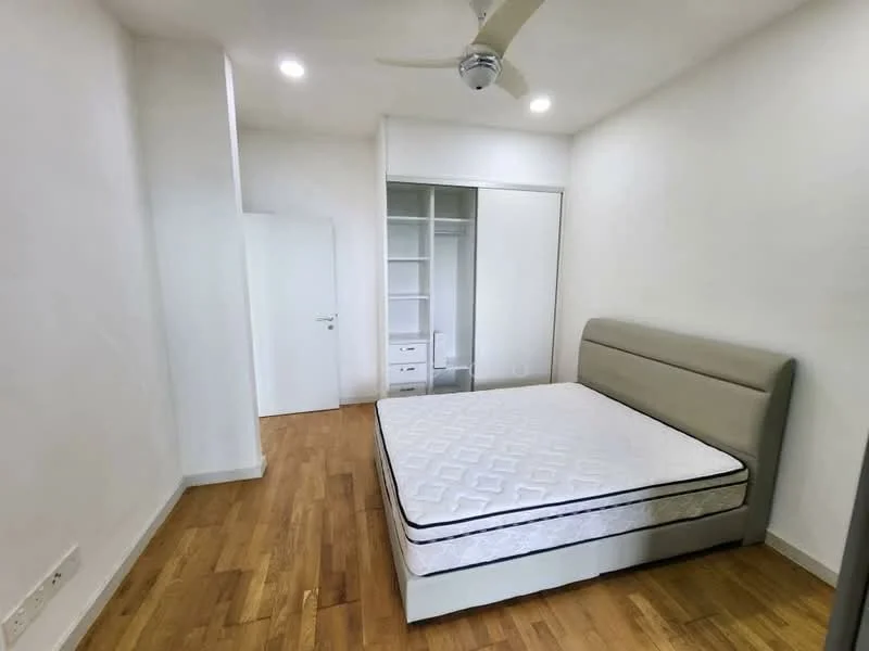 Bedroom features: queen-size bed, upholstered headboard, wood flooring, white painted walls, recessed downlights, ceiling fan, built-in wardrobe with sliding doors, open shelving, neutral color scheme; style: modern.