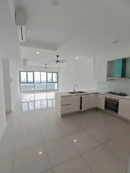 Kitchen features: white cabinetry, stainless-steel sink, chrome pull-down faucet, 4-burner gas hob, built-in oven, marble countertop, pendant lighting, recessed downlights, wall-mounted split AC, open-plan layout, large windows with city view, polished tile flooring; style: modern; view: city. Living features: 5-blade ceiling fan, large windows with city view, polished tile flooring, recessed downlights; style: modern; view: city.