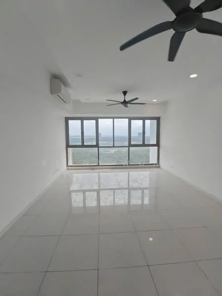 Living features: white painted walls, polished ceramic tile flooring, 2 ceiling fans, floor-to-ceiling windows, city view, recessed downlights, air conditioning unit; style: modern; view: city.