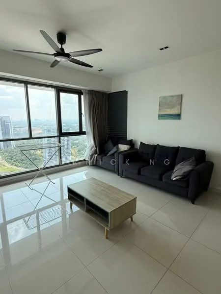 Living features: 3-seater fabric sofa in grey, coffee table with light wood finish, floor-to-ceiling windows, city view, white painted walls, polished ceramic tile flooring, 5-blade ceiling fan, curtains, decorative wall art; style: modern; view: city.