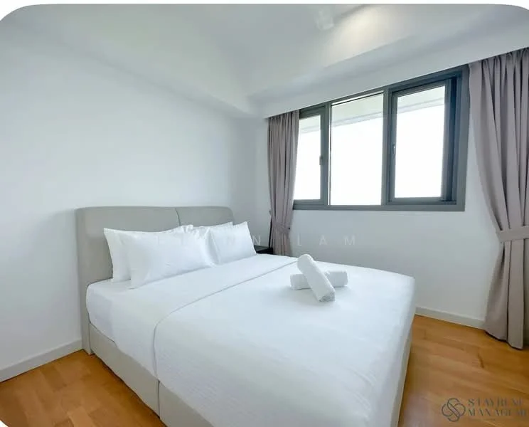 Bedroom features: king-size bed, upholstered headboard, white bedding, two white towels, floor-to-ceiling windows, grey curtains, light wood flooring, white painted walls, recessed ceiling lights; style: modern; view: city.