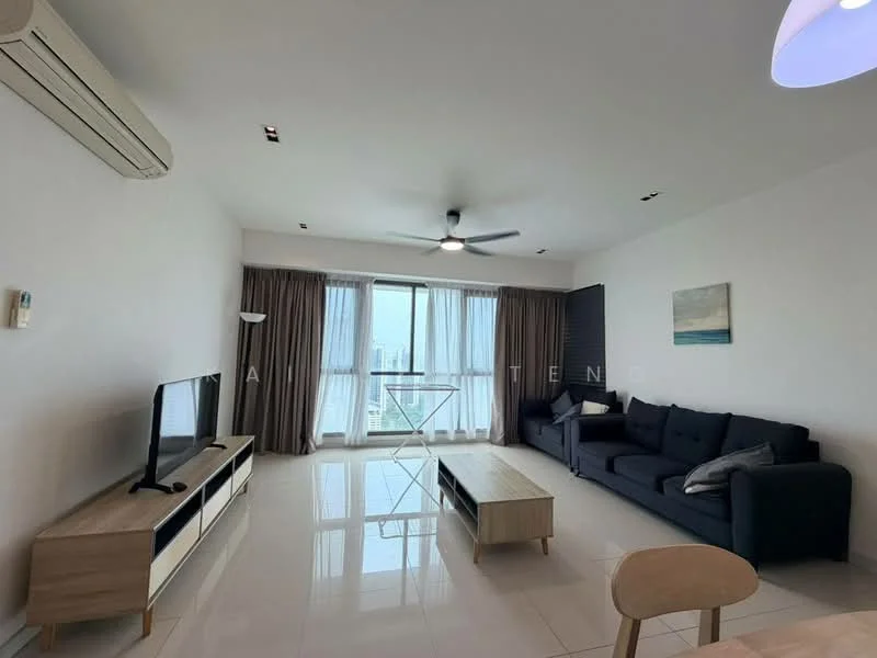 Living features: white painted walls, glossy tile flooring, 5-blade ceiling fan with light, floor-to-ceiling windows, sliding glass door, black fabric sectional sofa, light wood coffee table, wall-mounted TV, curtains, decorative painting, air conditioning unit; style: modern; view: city.