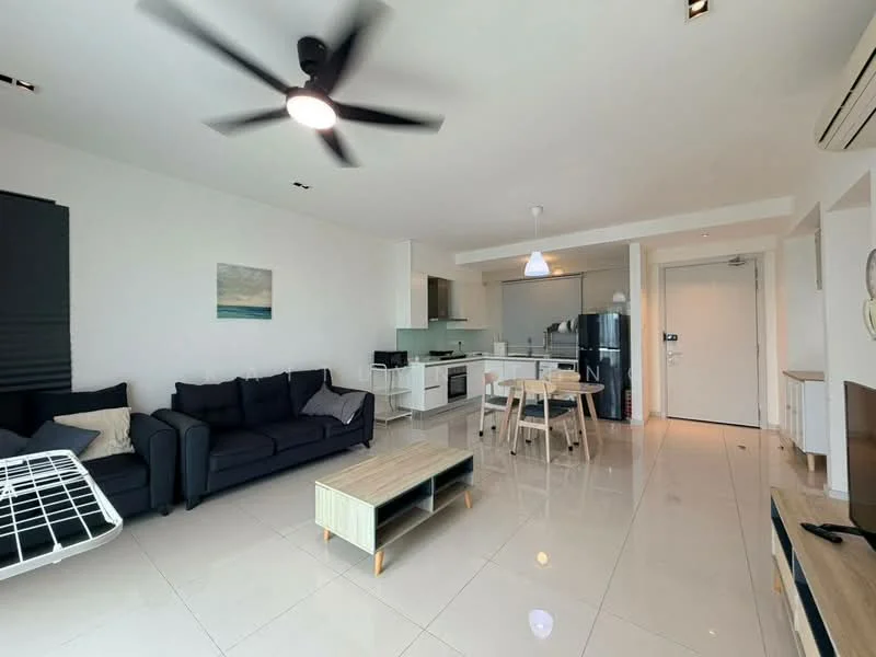 Living features: 3-seater fabric sofa in black, coffee table with wooden surface, wall-mounted TV, ceiling fan with light, recessed downlights, large windows with black roller blinds, tile flooring, decorative artwork on wall, open-plan layout to kitchen, air conditioning unit; style: modern. Kitchen features: stainless-steel fridge, built-in oven, freestanding range oven, white cabinetry, marble countertop, single-bowl stainless-steel sink, chrome pull-down faucet, pendant light above countertop, open shelving, tile backsplash; style: modern.