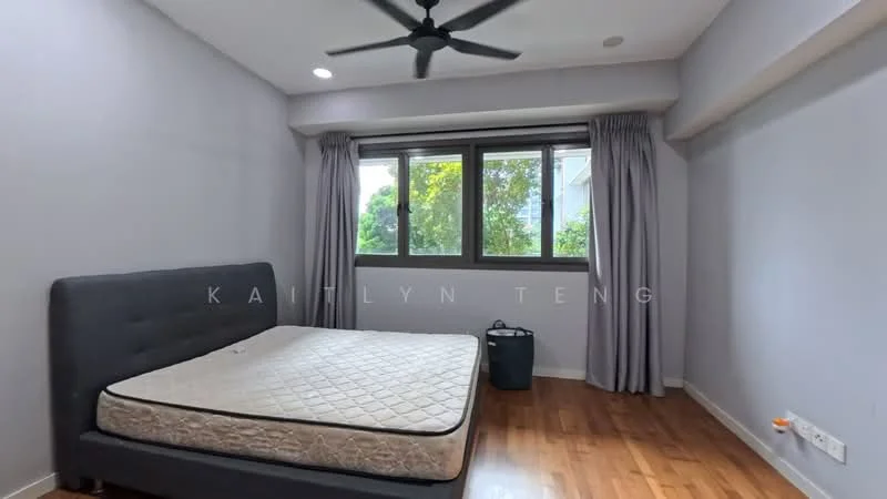 Bedroom features: grey upholstered bed frame, queen-size bed, wooden flooring, light grey painted walls, ceiling fan with light, floor-to-ceiling windows, curtains, natural light from window, basket for storage; style: modern; view: garden.