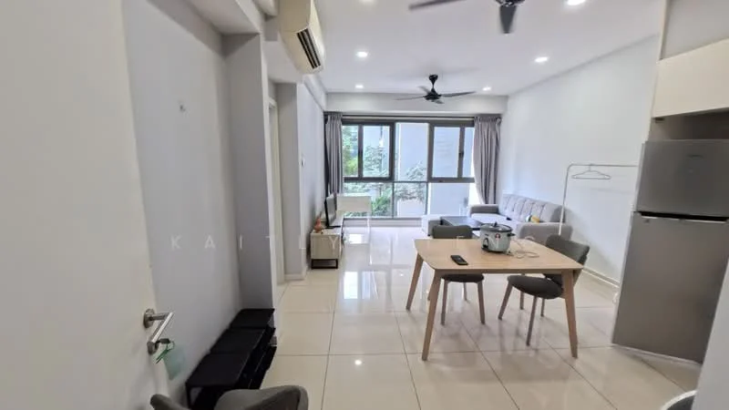 Living features: grey fabric sofa, 4-seater dining table, 4 dining chairs, refrigerator, wall-mounted split AC, ceiling fan with light, large windows with sheer curtains, white painted walls, glossy tile flooring, decorative wall art, open layout, natural light from windows; style: modern; view: garden.