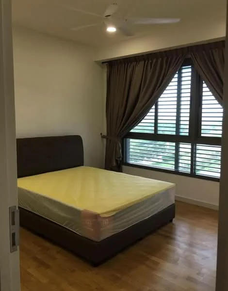 Bedroom features: queen-size bed, wooden bed frame, yellow mattress, floor-to-ceiling windows, sliding window with horizontal slats, brown curtains, light-colored walls, wooden flooring, ceiling fan; style: modern; view: city.