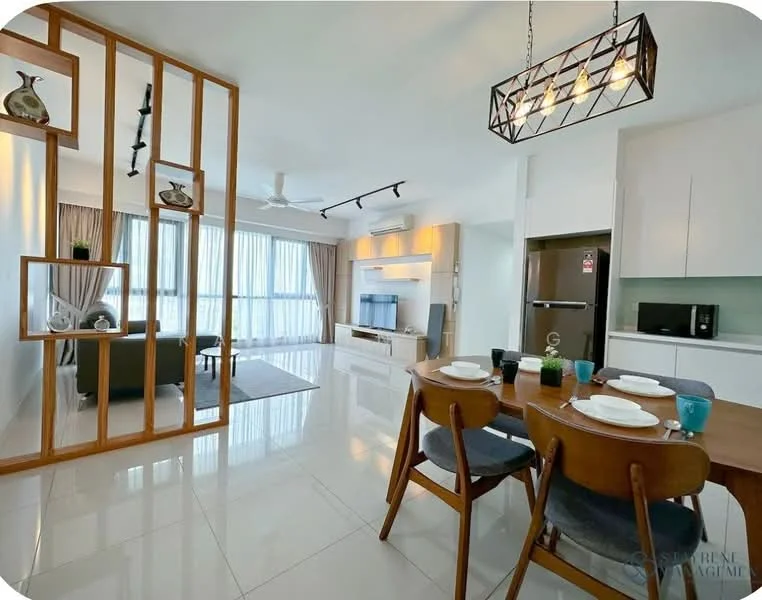 Living features: white painted walls, polished ceramic tile flooring, 5-blade ceiling fan with light, floor-to-ceiling windows, curtains, wall-mounted TV, entertainment unit, sofa in green fabric, area rug, decorative vases, wooden partition, recessed lighting; style: modern; view: city. Dining features: 6-seater dining table, wooden dining chairs, decorative table setting, pendant light fixture; style: modern.