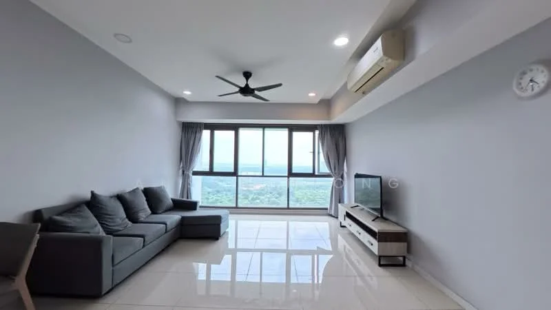 Living features: grey fabric 3-seater sofa, white walls, recessed downlights, 5-blade ceiling fan with light, floor-to-ceiling windows, curtains, white tiled flooring, wall-mounted TV, TV console with storage; style: modern; view: mountain.