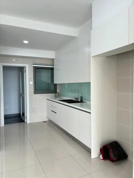 Kitchen features: white cabinetry, stainless-steel sink, chrome pull-down faucet, glass backsplash, white countertop, built-in oven, ceramic tile flooring, recessed downlights, window with view, open layout, sliding door to hallway; style: modern. Room features: white walls, doorway to hallway.