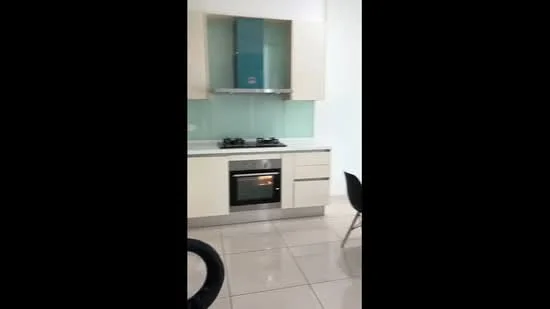 Kitchen features: white cabinetry, glass backsplash, stainless-steel gas hob, built-in oven, countertop with smooth surface, tile flooring, under-cabinet lighting, modern faucet; style: modern.