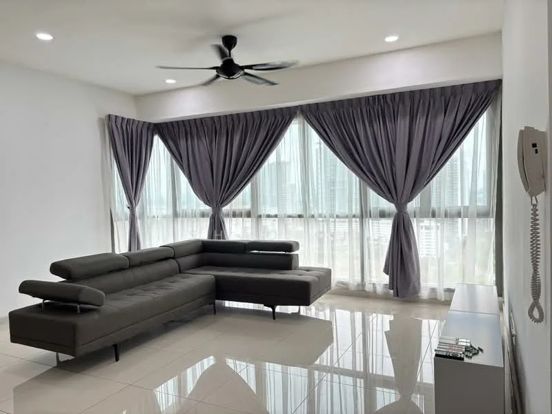 Living features: L-shape sectional sofa in grey, floor-to-ceiling windows, sheer curtains, grey blackout curtains, 5-blade ceiling fan, recessed LED downlights, glossy tile flooring, wall-mounted intercom, decorative wall panel, minimalist decor; style: modern; view: city.