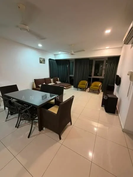 Living features: cream painted walls, white ceiling, recessed downlights, 5-blade ceiling fan, large windows with green curtains, grey tiled flooring, 3-seater fabric sofa in brown, 2 yellow armchairs, glass dining table with black frame, 4 dining chairs, TV console, wall-mounted air conditioning unit; style: modern.