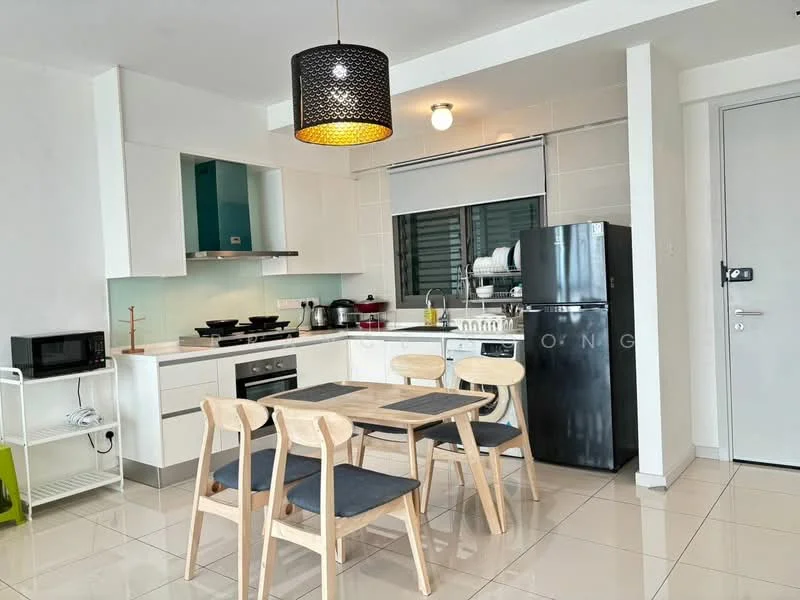 Kitchen features: white cabinetry, black countertop, stainless-steel fridge, built-in oven, 4-burner gas hob, microwave, single-bowl stainless-steel sink, chrome pull-down faucet, tile backsplash in light blue, dining table with 4 wooden chairs, pendant light fixture, window with blinds, ceramic tile flooring; style: modern.