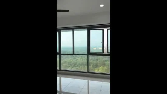 Room features: floor-to-ceiling windows, sliding glass door, white walls, recessed downlights, polished tile flooring, ceiling fan; style: modern; view: garden.