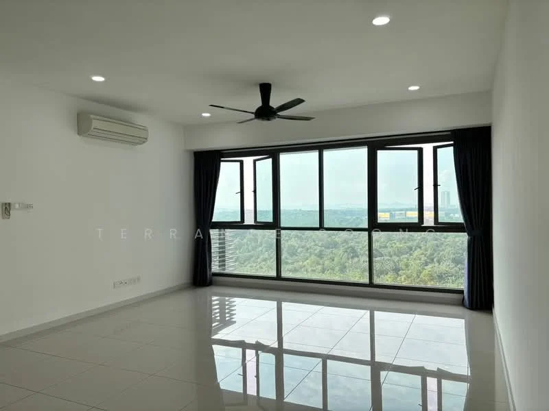 Living features: white painted walls, glossy ceramic tile flooring, 5-blade ceiling fan with light, floor-to-ceiling windows, blackout curtains, city skyline view, air conditioning unit, recessed LED downlights; style: modern; view: city.