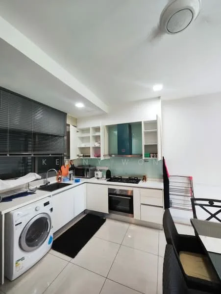 Kitchen features: white cabinetry, black countertop, stainless-steel sink, chrome pull-down faucet, built-in oven, stainless-steel range hood, 4-burner gas hob, ceramic tile flooring, recessed downlights, washing machine, open shelving, window with blinds; style: modern.