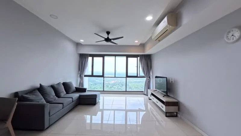 Living features: 3-seater fabric sofa in grey, floor-to-ceiling windows, white painted walls, recessed downlights, ceiling fan, TV console, wall-mounted TV, marble tile flooring, decorative clock, curtains, air conditioning unit; style: modern; view: mountain.