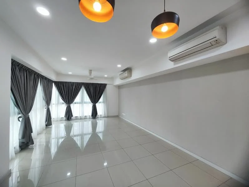 Living features: white painted walls, glossy ceramic tile flooring, recessed downlights, 2 ceiling fans, floor-to-ceiling windows, grey curtains, 2 pendant lights with orange shades, air conditioning unit; style: modern.