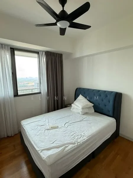Bedroom features: queen-size bed, upholstered headboard, floor-to-ceiling window, sheer curtains, dark grey bedding, wooden flooring, 5-blade ceiling fan with light, decorative pillows; style: modern; view: city.