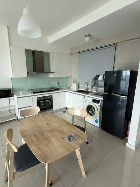 Kitchen features: white cabinetry, grey backsplash, stainless-steel sink, chrome pull-down faucet, built-in oven, 4-burner gas hob, microwave, stainless-steel range hood, refrigerator, washing machine, wood dining table, 2 wooden chairs, pendant light, tile flooring, roller blinds; style: modern.