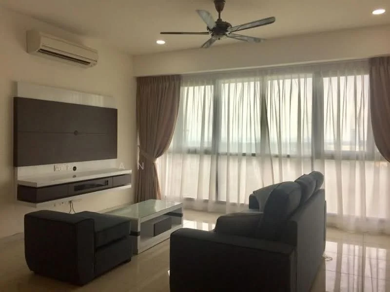 Living features: 3-seater fabric sofa in grey, single armchair in grey, glass coffee table, wall-mounted TV, TV console with storage, floor-to-ceiling windows, sheer curtains, recessed downlights, 5-blade ceiling fan with light, air conditioning unit, marble tile flooring, neutral painted walls; style: modern; view: city.