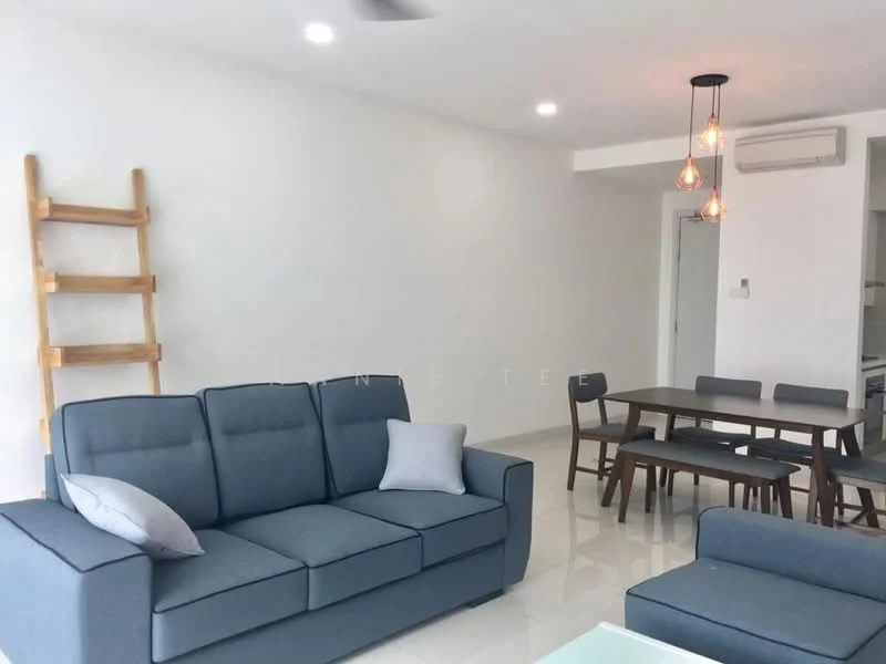 Living features: 3-seater fabric sofa in blue, decorative pillow, wooden ladder shelf, dining table for 6, wooden dining chairs, recessed LED downlights, ceiling fan, white painted walls, glossy tile flooring, open layout, large windows, air conditioning unit; style: modern.