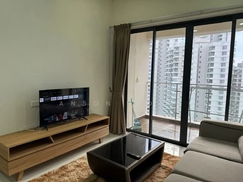 Living features: grey fabric sofa, wooden coffee table with black top, TV console in light wood, wall-mounted TV, floor-to-ceiling windows, sliding glass door, sheer curtains, area rug with neutral color, decorative wall, balcony view; style: modern; view: city.