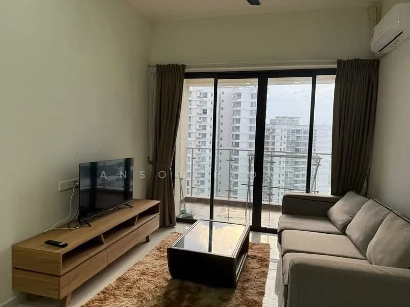 Living features: 3-seater fabric sofa in grey, wooden coffee table, TV console, wall-mounted TV, floor-to-ceiling windows, curtains, area rug with geometric pattern, air conditioning unit; style: modern; view: city.