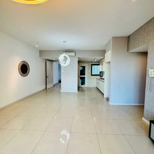 Living features: glossy tile flooring, white painted walls, recessed downlights, ceiling pendant light, large windows, open layout, air conditioning unit, mirror on wall; style: modern. Kitchen features: white cabinetry, kitchen island, built-in oven, stainless-steel sink, countertop with backsplash, modern appliances; style: modern.