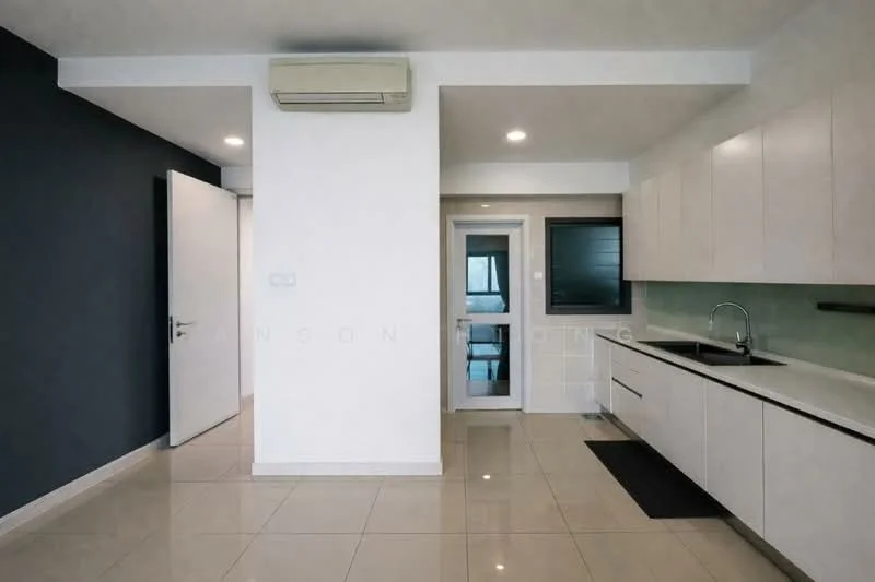 Kitchen features: white cabinetry, stainless-steel sink, chrome pull-down faucet, white countertop, ceramic tile flooring, wall-mounted split AC, sliding glass door, window with city view, grey accent wall, recessed downlights; style: modern; view: city. Room features: white painted walls, door leading to hallway.