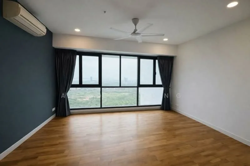 Room features: wooden flooring, blue accent wall, white painted walls, floor-to-ceiling windows, curtains, 5-blade ceiling fan with light, wall-mounted split AC, recessed downlights; style: modern; view: city.