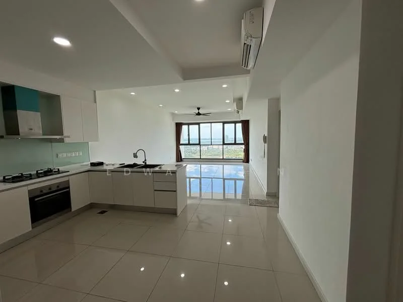 Kitchen features: white cabinetry, stainless-steel sink, chrome pull-down faucet, granite countertop, built-in oven, 4-burner gas hob, exhaust hood, marble tile flooring, recessed downlights, floor-to-ceiling windows, sliding glass door, view of the city, air conditioning unit; style: modern; view: city.