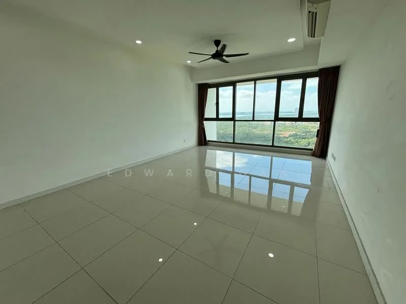 Living features: white painted walls, glossy ceramic tile flooring, 5-blade ceiling fan with light, floor-to-ceiling windows, curtains, city view, recessed downlights; style: modern; view: city.