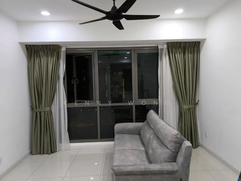 Living features: grey fabric sofa, floor-to-ceiling windows, sheer curtains, blackout curtains, white painted walls, recessed LED downlights, glossy tile flooring, ceiling fan; style: modern; view: city.