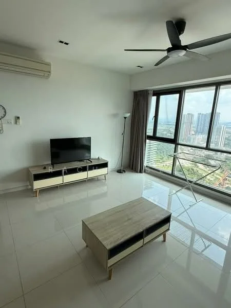 Living features: white painted walls, glossy tile flooring, 5-blade ceiling fan with light, floor-to-ceiling windows, curtains, wall-mounted TV, TV console with drawers, coffee table, lamp, clothes drying rack; style: modern; view: city.