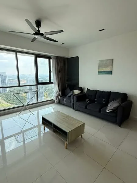Living features: 3-seater fabric sofa in black, coffee table with light wood finish, floor-to-ceiling windows, curtains, ceiling fan with light, white painted walls, glossy tile flooring, decorative wall art, city view; style: modern; view: city.