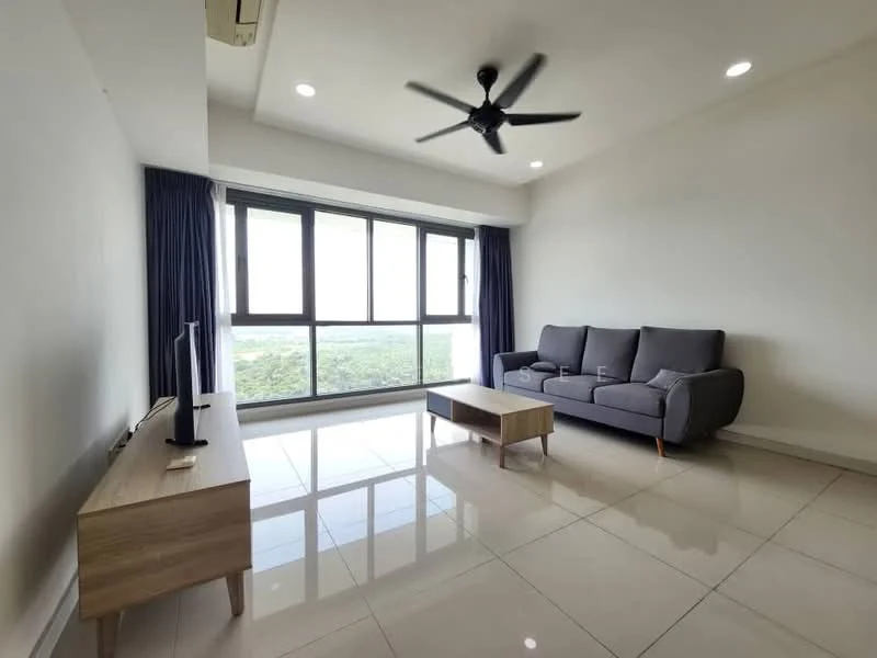 Living features: 3-seater fabric sofa in grey, wooden coffee table, TV console, floor-to-ceiling windows, sliding glass door, curtains, recessed downlights, ceiling fan, glossy tile flooring, neutral painted walls; style: modern; view: city.