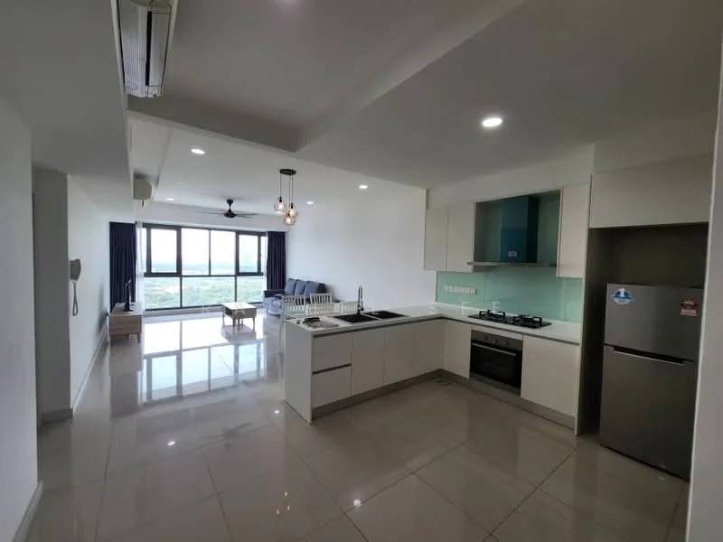 Kitchen features: white cabinetry, black countertop, stainless-steel sink, chrome pull-down faucet, built-in oven, 4-burner gas hob, stainless-steel range hood, refrigerator, ceramic tile flooring, recessed downlights, open layout, island with seating, floor-to-ceiling windows, city view; style: modern; view: city. Living features: sofa, coffee table, TV console, area rug, floor-to-ceiling windows, city view; style: modern; view: city.
